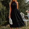 Летнее милое свободное однотонное длинное платье А-силуэта повседневное элегантное женское платье модное платье без рукавов с лямкой через шею в стиле пэчворк с кружевом 25305