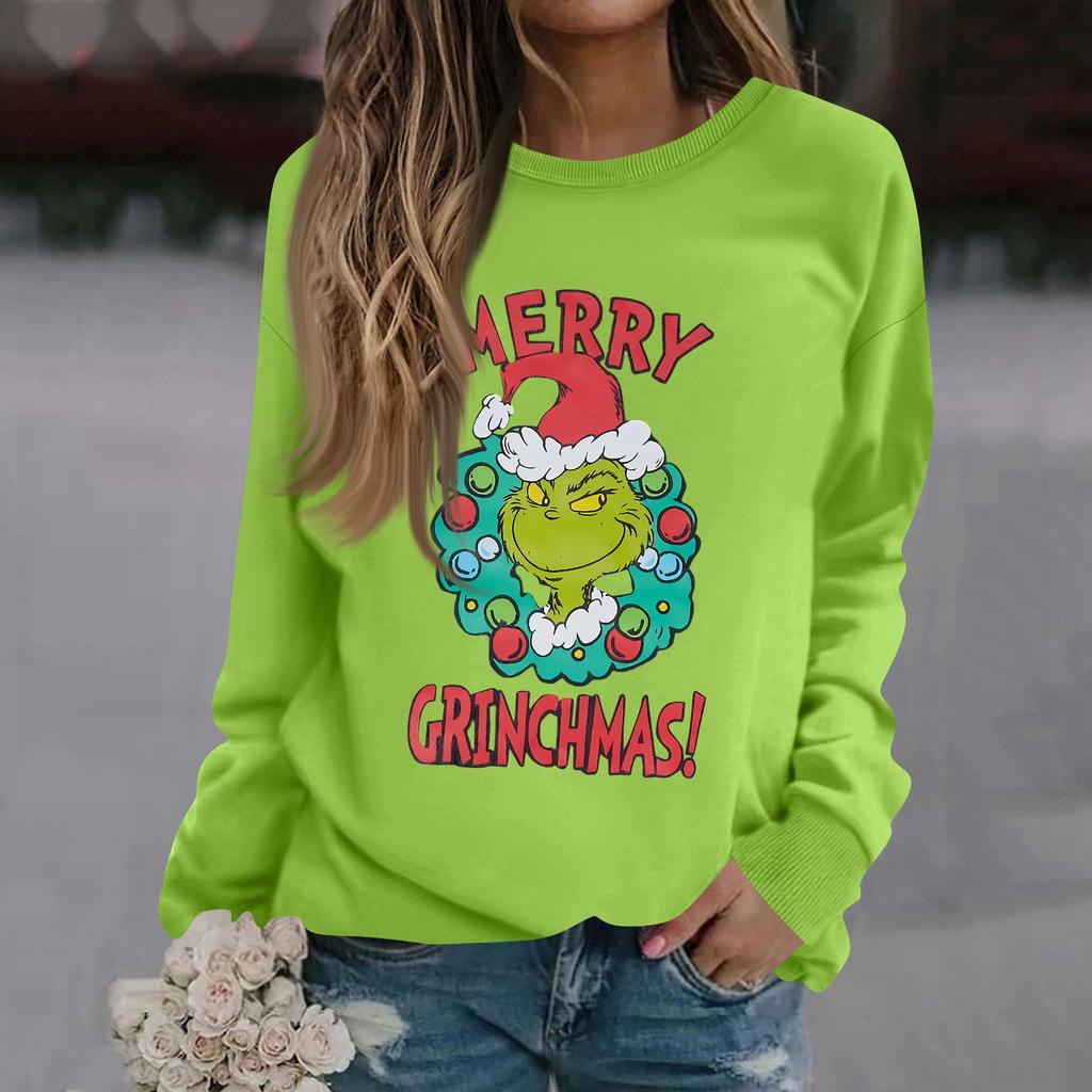 Женская модная повседневная толстовка с длинным рукавом, однотонная, с рождественским принтом, с круглым вырезом