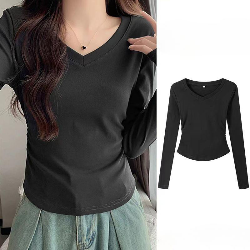 Футболка с длинными рукавами и V-образным вырезом на плече для женщин, осенне-зимняя, корейская мода, шикарный облегающий низ и утягивающий верх