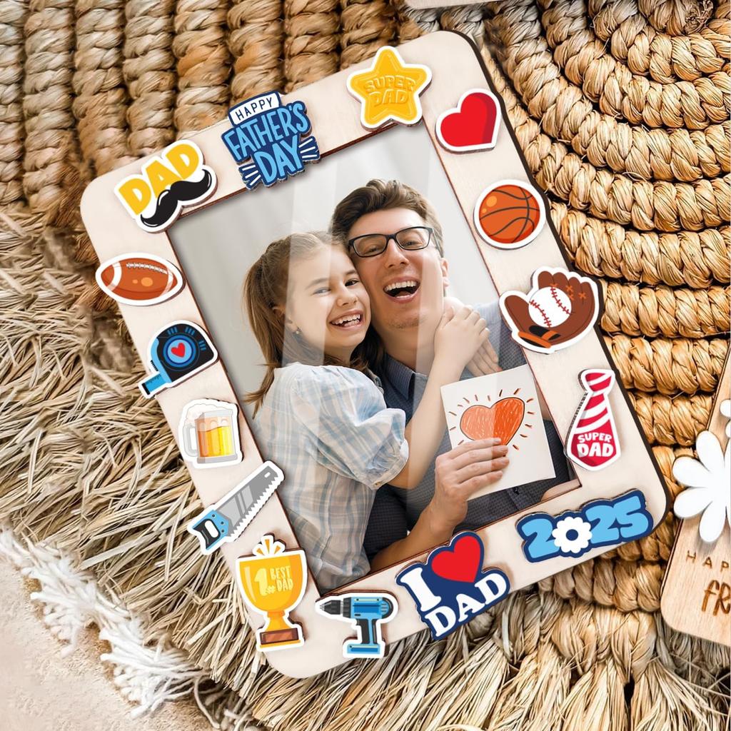 Fathers Day DIY Picture Frames Craft Kits - Unfinished Wood Frames with Wooden Charms - 4x6 Picture Frame Craft to Decorate for Kids - DIY Father's
