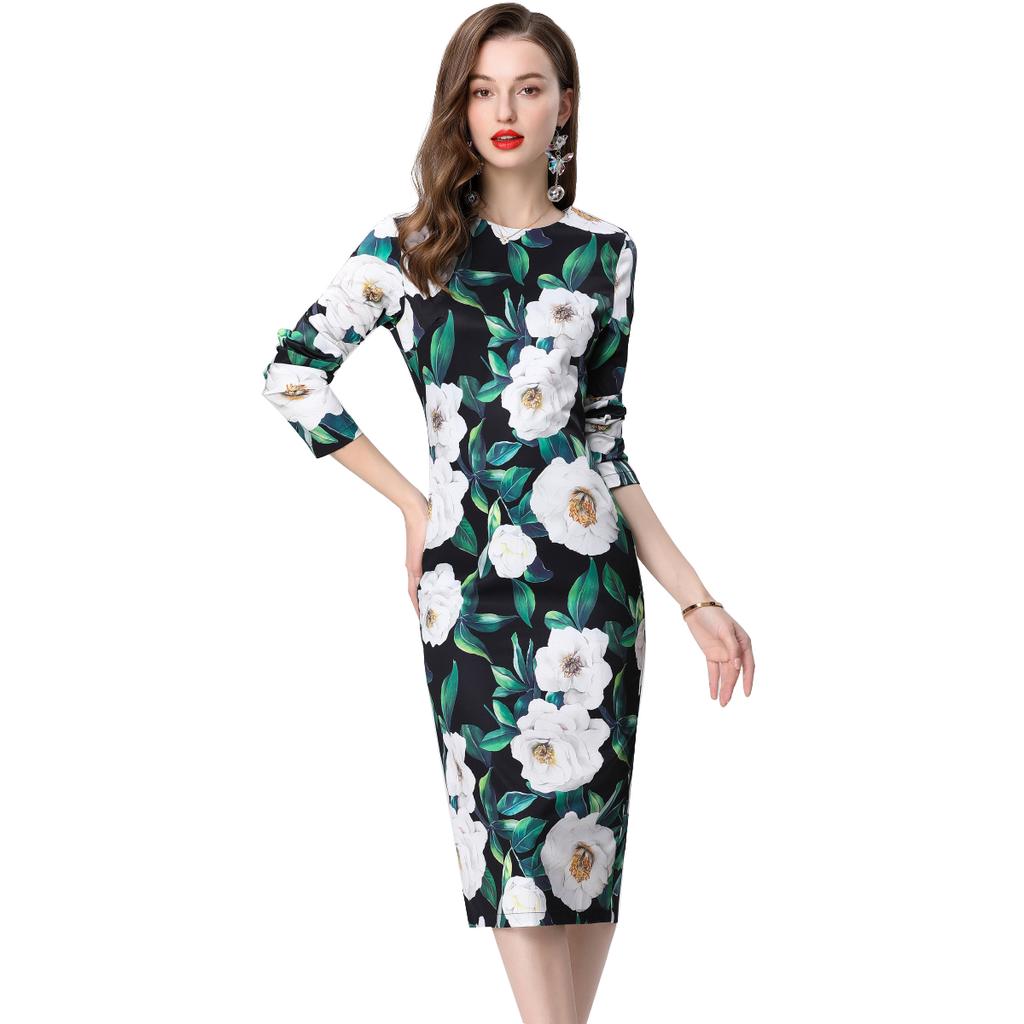 Spring Summer Women Fashion Elegant Full Sleeve Flower Print Slim Bodycon Office Work Pencil Dresses