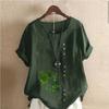 Women's New Fashion Linen Shirt Round Neck Short Sleeve Green Plants Printed T-shirt Summer Ladies Casual Blouse Tops
