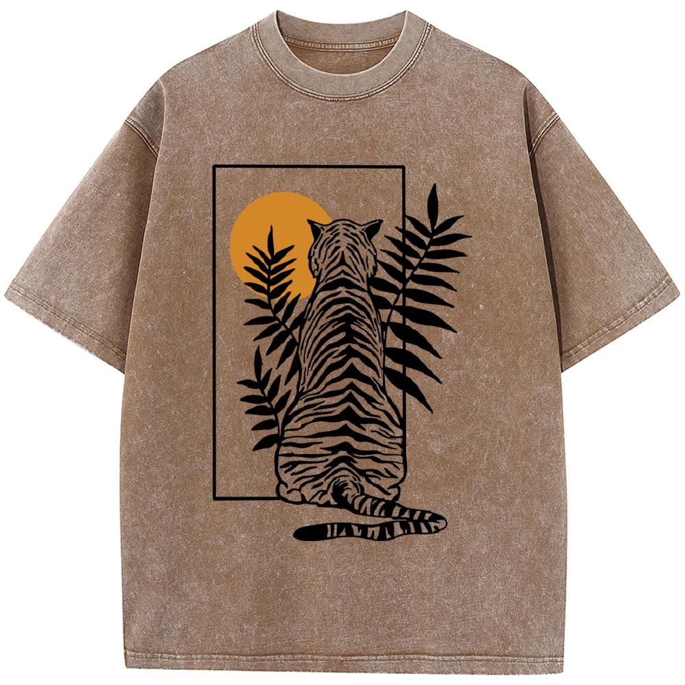 Мужская футболка с геометрическим тигром, с коротким рукавом, высококачественная, выстиранная, состаренная, винтажных цветов