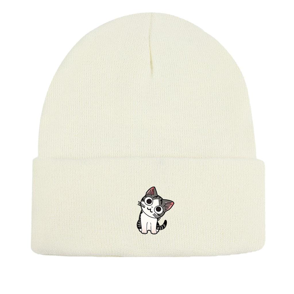 Шапка для девочек с принтом мультяшного кота, теплые зимние шапки для женщин, легкие однотонные ветрозащитные головные уборы, эластичные шапочки Skullies