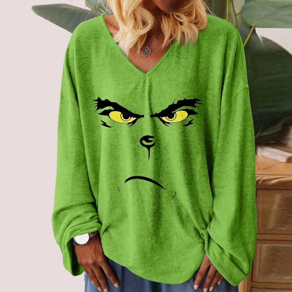 Женская свободная футболка с v-образным вырезом и рождественским принтом, длинными рукавами, топы с прямыми рукавами для женщин