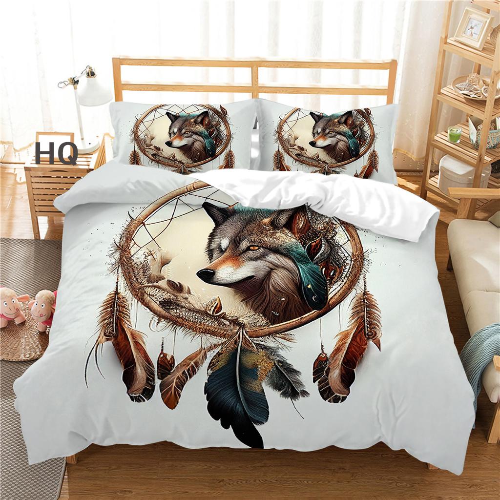 Комплект постельного белья «Ловец снов» для дома, с узором волка, перьями, наволочка, комплект постельного белья, одиночный, двойной, полный размер, 2/3 шт., микрофибра