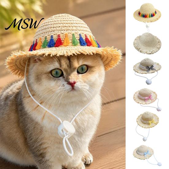 Lightweight Pet Headwear Cat Straw Hat, Sun Hat with Lace And Bow, Summer Breathable Cute Protection for Cats Small Dogs Outdoor Walks Comfortable