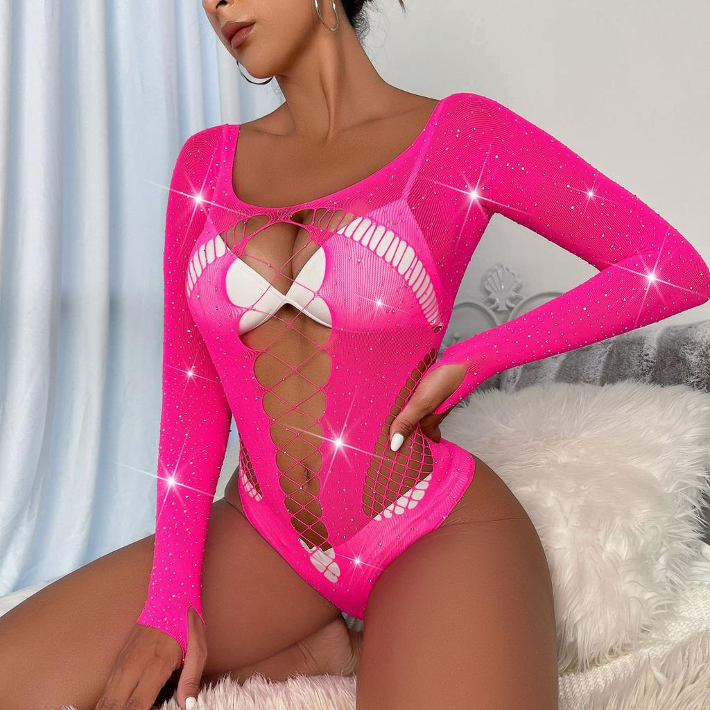 Sexy Lingerie Rhinestone Shiny Long Sleeve Fishnet Clothes Bodystocking Lingerie