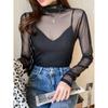 Autumn Winter Single-layer High Neck See Through Mesh Long Sleeved Base Shirt for Women Slim Fit Pullover Top T-Shirts Women’s