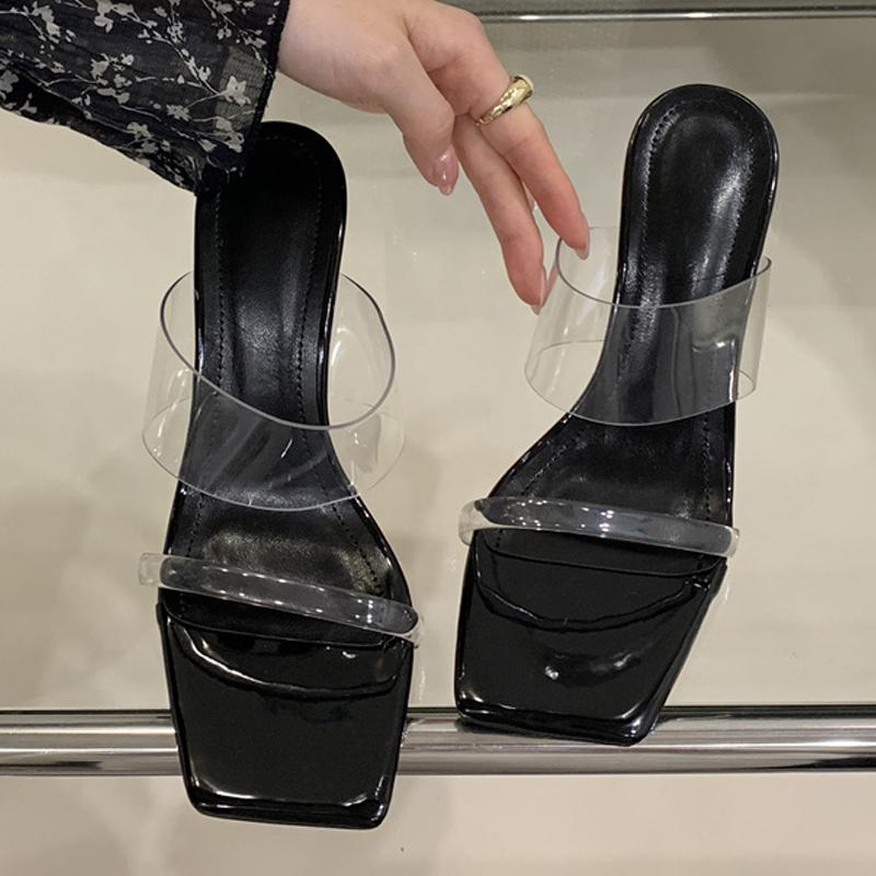 Fashion Liyke PVC Transparent Slippers For Women Summer Fashion Square Toe Clear Perspex Wedges Shoes High Heels Sandal Female Mules