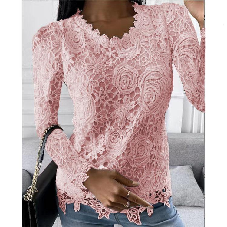 Women's Round Neck Solid Lace Long Sleeve Top