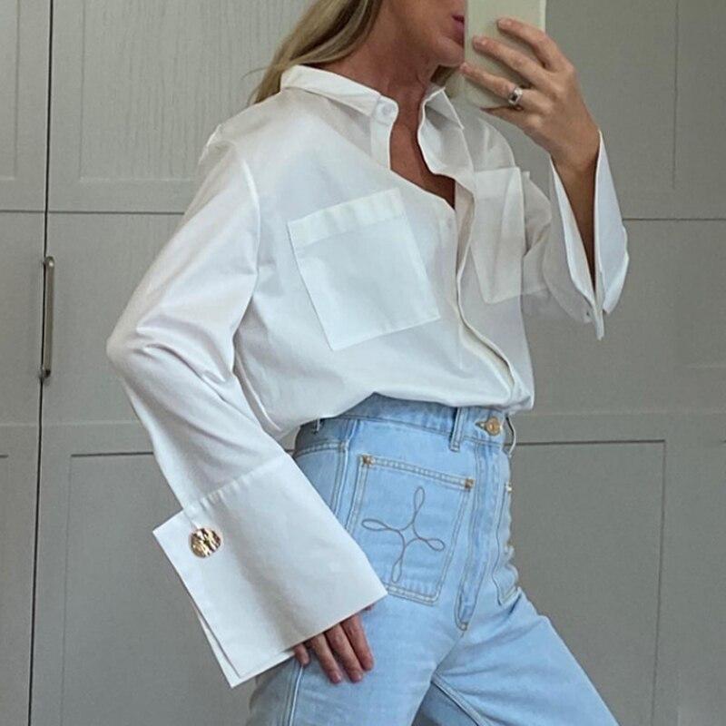 Fashion White Shirt Office Lady Tops Spring Autumn Long Sleeve Shirt Women Blouses With Pocket Loose Clothes Blusas 28016