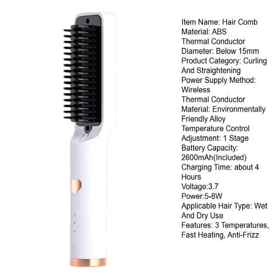 Hair Straightener Brush 3 Temperatures Fast Heating Anti-Frizz Wireless Portable Women Fluffy Hair Straightening Styling Detangling Comb
