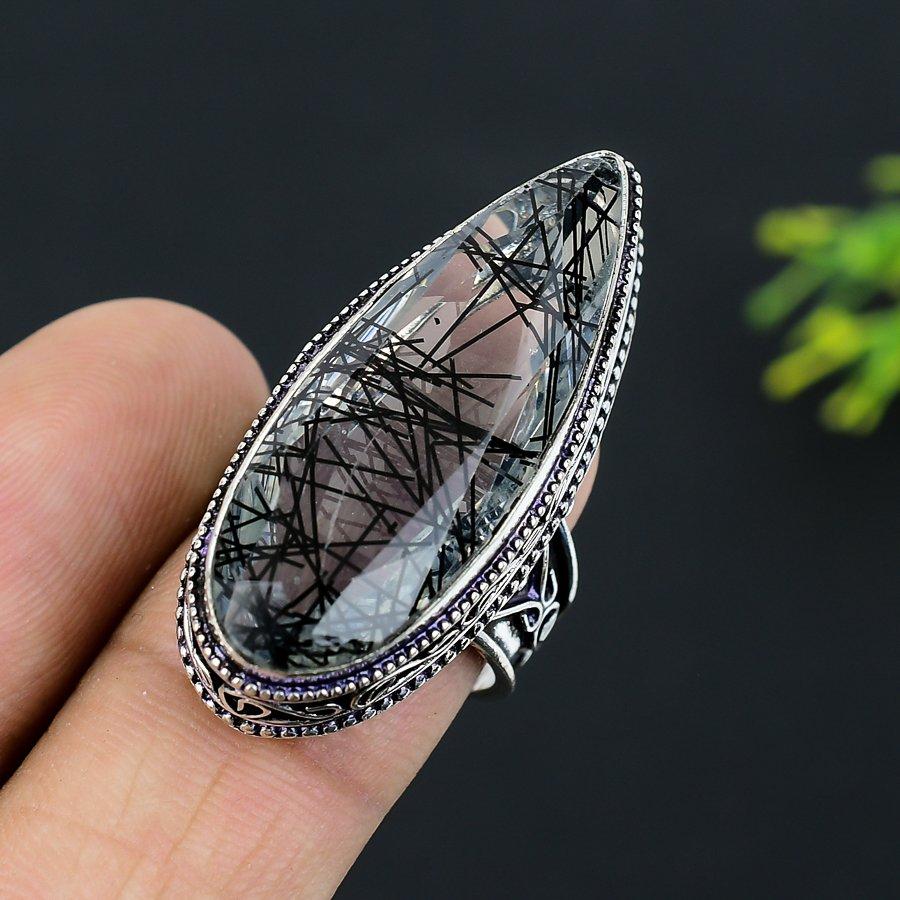 Black Rutile Gemstone 925 Sterling Silver Gift Jewelry Ring Size 8
