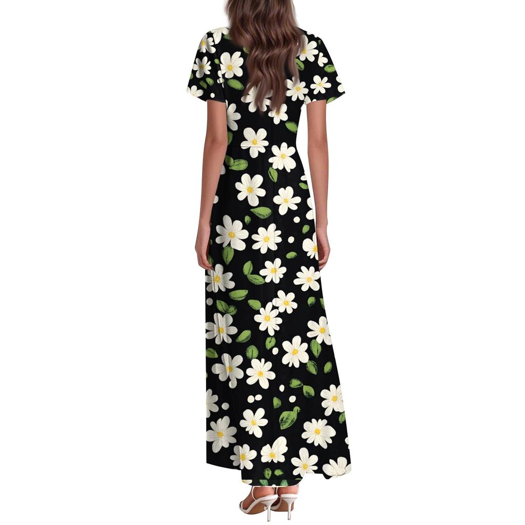 Женские летние повседневные модные платья с принтом и короткими рукавами и V-образным вырезом