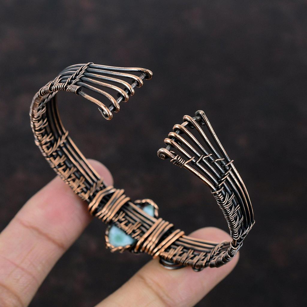 Larimar Cuff Bracelet Copper Wire Wrapped Adjustable Cuff Gemstone Bangle Copper Wire Jewelry Gift For Her Handmade Designer Cuff Bracelet