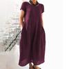 Women's Summer Fashion Casual Solid Color Short-sleeved Round Neck Pocket Loose Cotton And Linen Dress