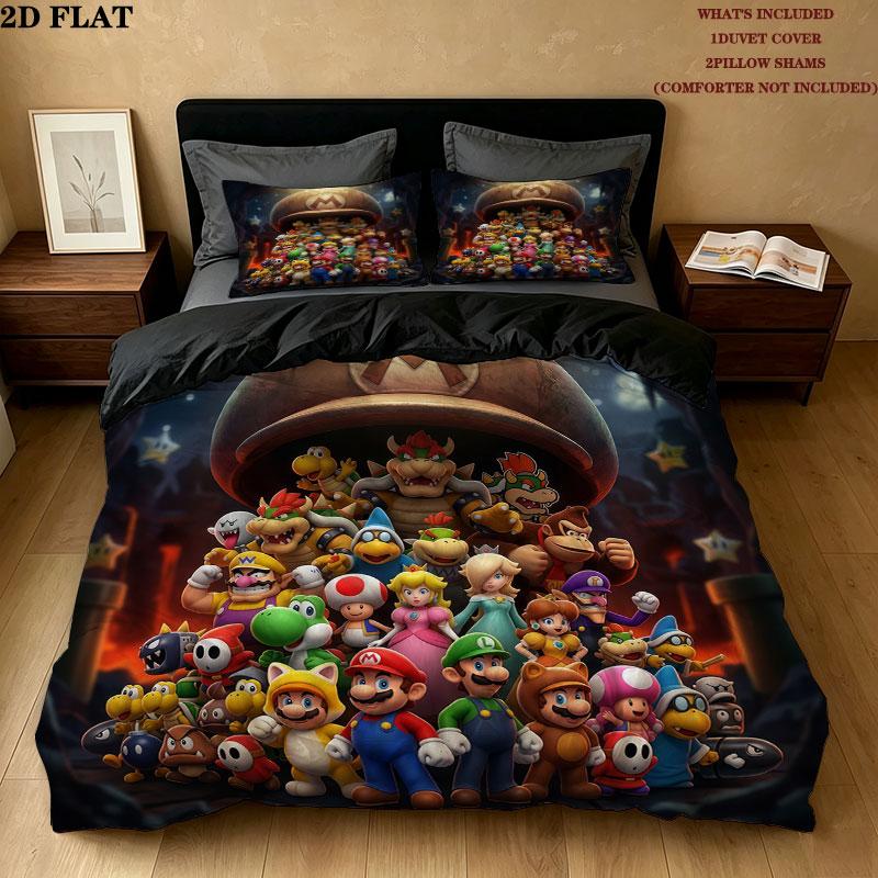 Super Mario Pattern Bedding Quilt Set Quilt Cover Pillowcase Home Birthday Gift(1 * duvet cover + 2 * pillowcase, without core)