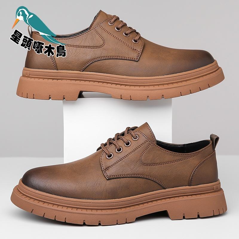 British Style Round Head Leather Shoes Leather Non-slip Lace-up Casual Tooling Men's Martin Shoes Shoes