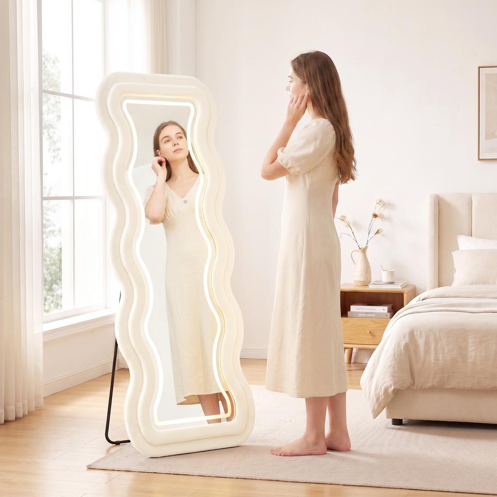 Full Length Mirror, 160 x 60 cm Wavy Full Body Wall Standing Mirror with Velvet Frame and LED Light Strip, Cream White