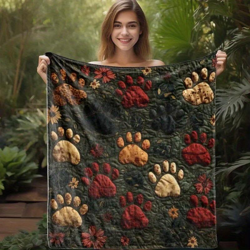 1 шт. Винтажное стеганое фланелевое одеяло с принтом лап и цветочным узором - Мягкий и удобный всесезонный плед для дивана, кровати, автомобиля, офиса