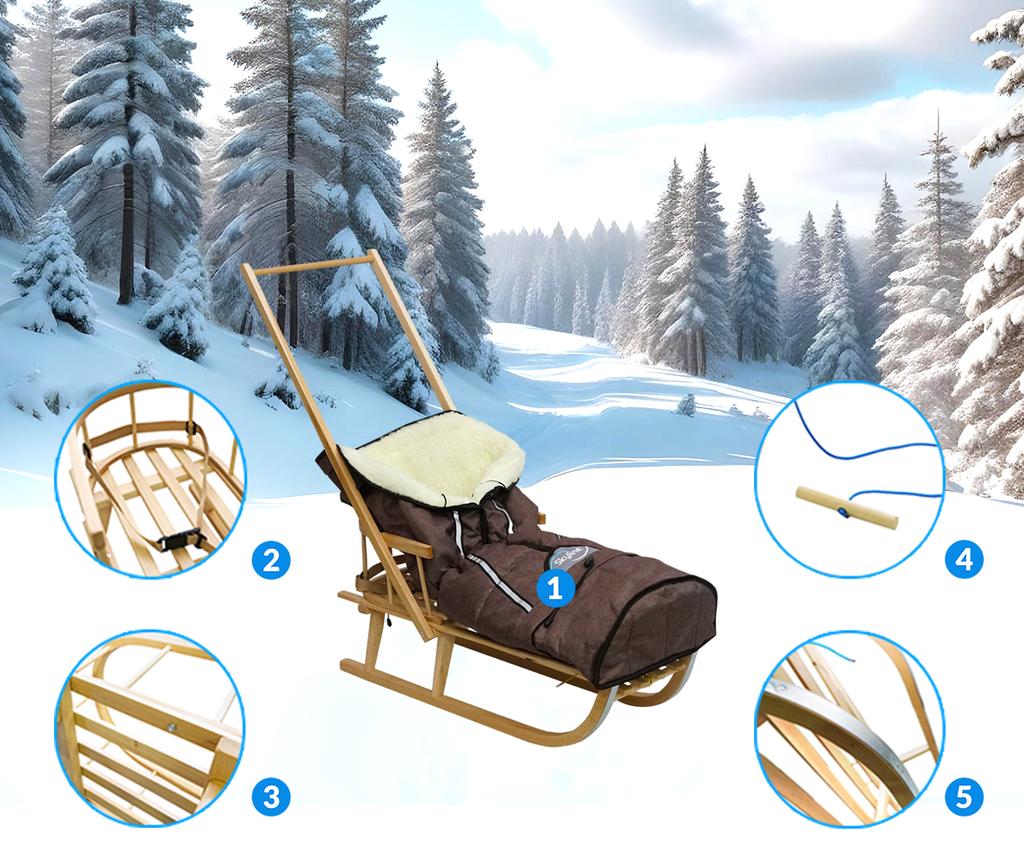 Wooden Sled With Backrest, Pusher And Sleeping Bag For Children, Solid Polish