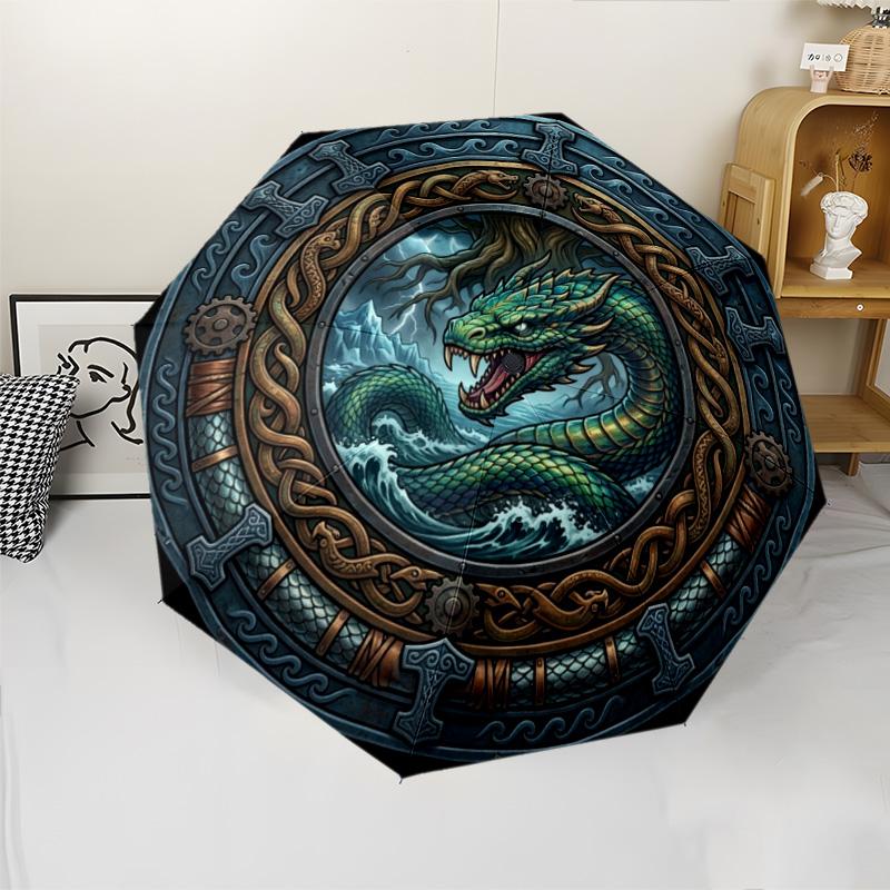 Dragon Mythology pattern umbrella, portable and foldable design, 8 ribs, a casual accessory for Halloween, Christmas, and birthday gifts.