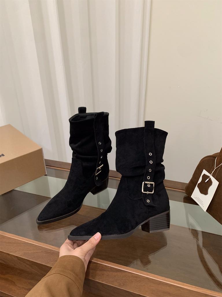 Женские ботильоны Мартин на высоком каблуке, замшевые, с острым носком, узкие, осенне-зимние 2025, в стиле вестерн, ковбойские, средней высоты, на подкладке, короткие