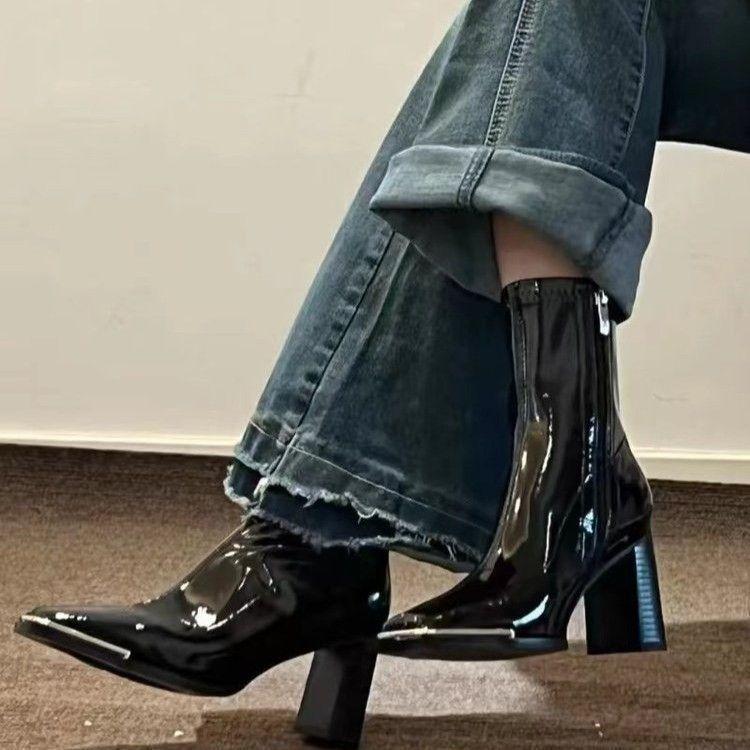 Толстоподошвенные интернет-знаменитости с теми же французскими ботинками Martin тонкие ботинки 2025 новые толстый каблук высокий каблук квадратный носок тонкие короткие ботинки женские