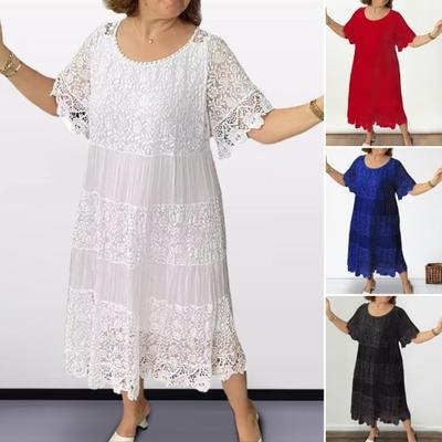 Женское платье Кружевное лоскутное платье с круглым вырезом и короткими рукавами с цветочной вышивкой Плиссированные свободные до середины икры
