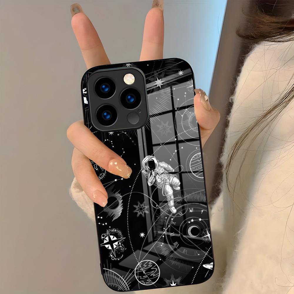 Чехол для телефона 'Астронавт, Луна, Звезды' для IPhone 17 Pro Max 16 15 14 Pro Max 13 11 Plus Стеклянная крышка