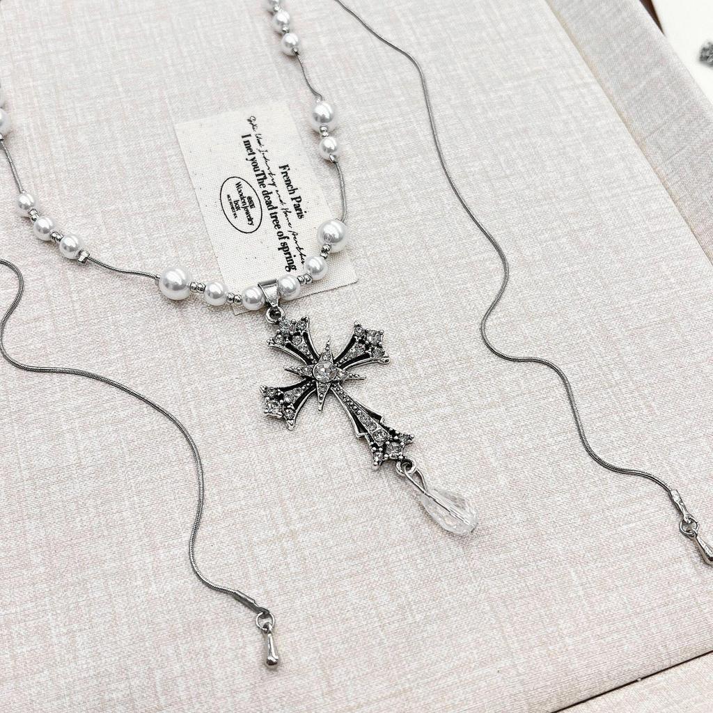 Цепочка для свитера с подвеской в виде жемчужного креста - милый, крутой, хип-хоп, уникальный темпераментный аксессуар для ключицы