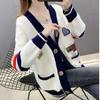 Зимние свитера, вязаный кардиган для женщин, свободные повседневные винтажные пальто с цветными блоками, осенние топы с V-образным вырезом в корейском стиле с длинными рукавами для женщин