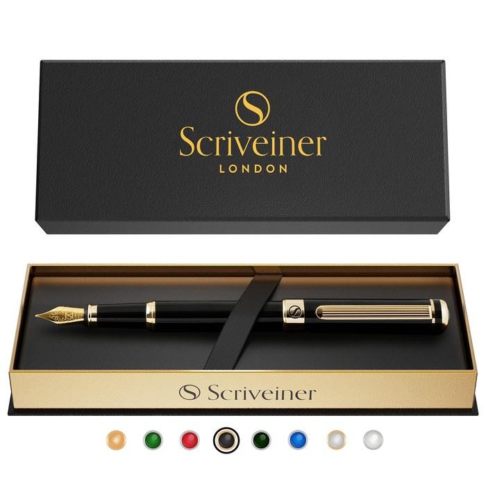 Scriveiner Premium Fountain Pen (Black). Features a genuine gold-plated and Schmidt-plated nib (Fine). Refined fountain pen gift set, ideal