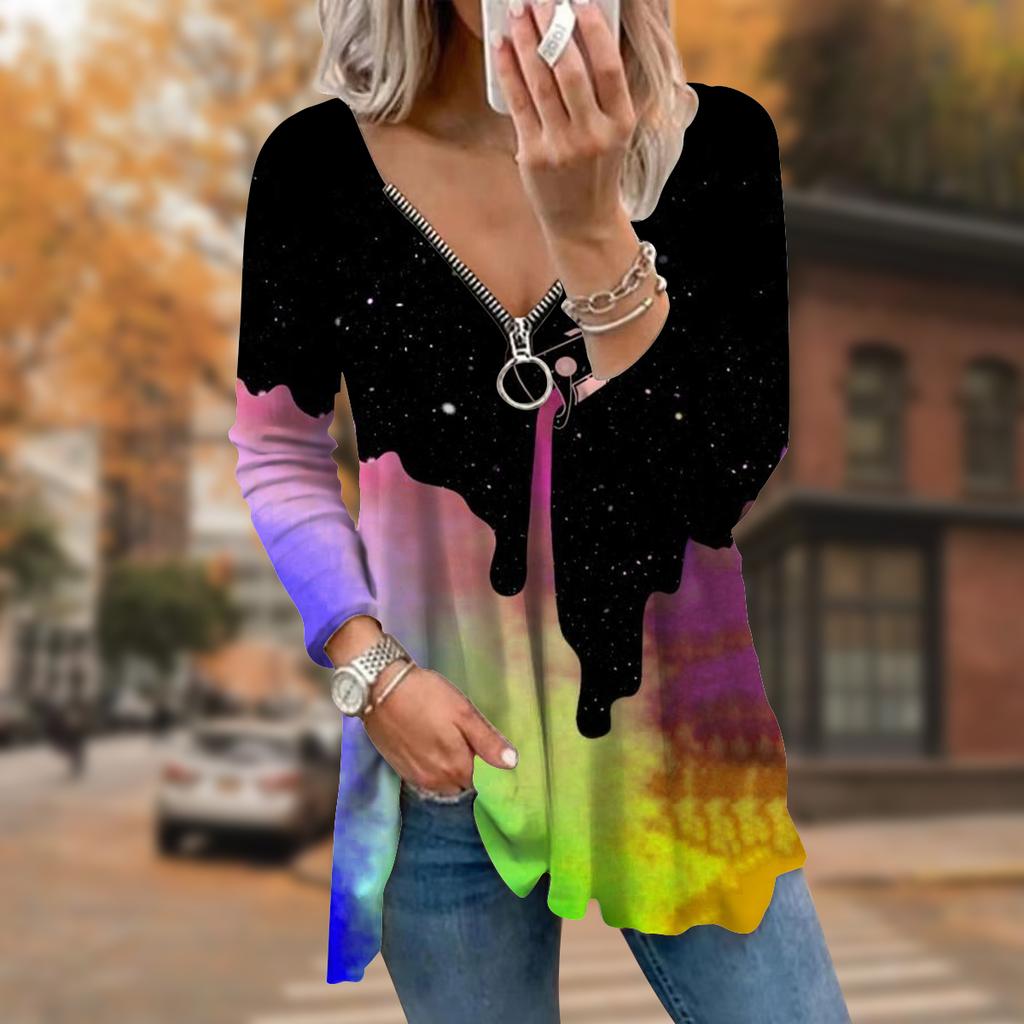 Women Autumn Bucket Pigment Printed Long Sleeve T-Shirts Loose V-Neck Plus Size Tee Shirt Tops Comfy Blouse
