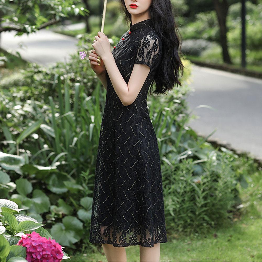 Кружевное повседневное платье Cheongsam средней длины с низким вырезом, облегающее платье больших размеров в китайском стиле Ao Dai