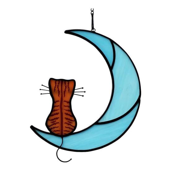 Cat On Moon Hanging Ornament Stained Glass Window Hanging Suncatcher Acrylic Panel Wall Art Memorial Gift for Women Wife Mom Cat Lovers