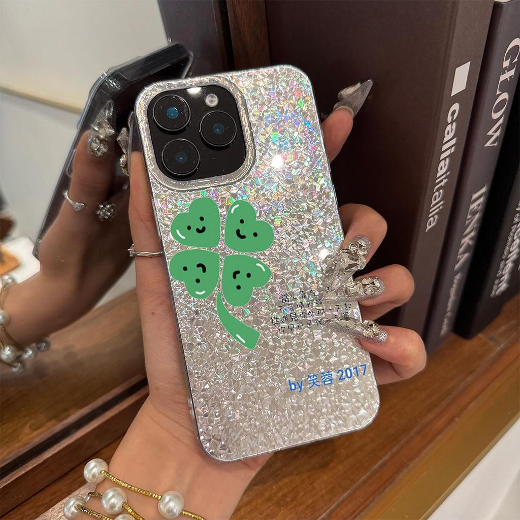 Чехол для iphone 11 14 18 Pro Max 13 Air XR 17 Pro XS Max 12 16 Plus 15 Серебристый Блеск Трескающийся Фон Четырехлистник