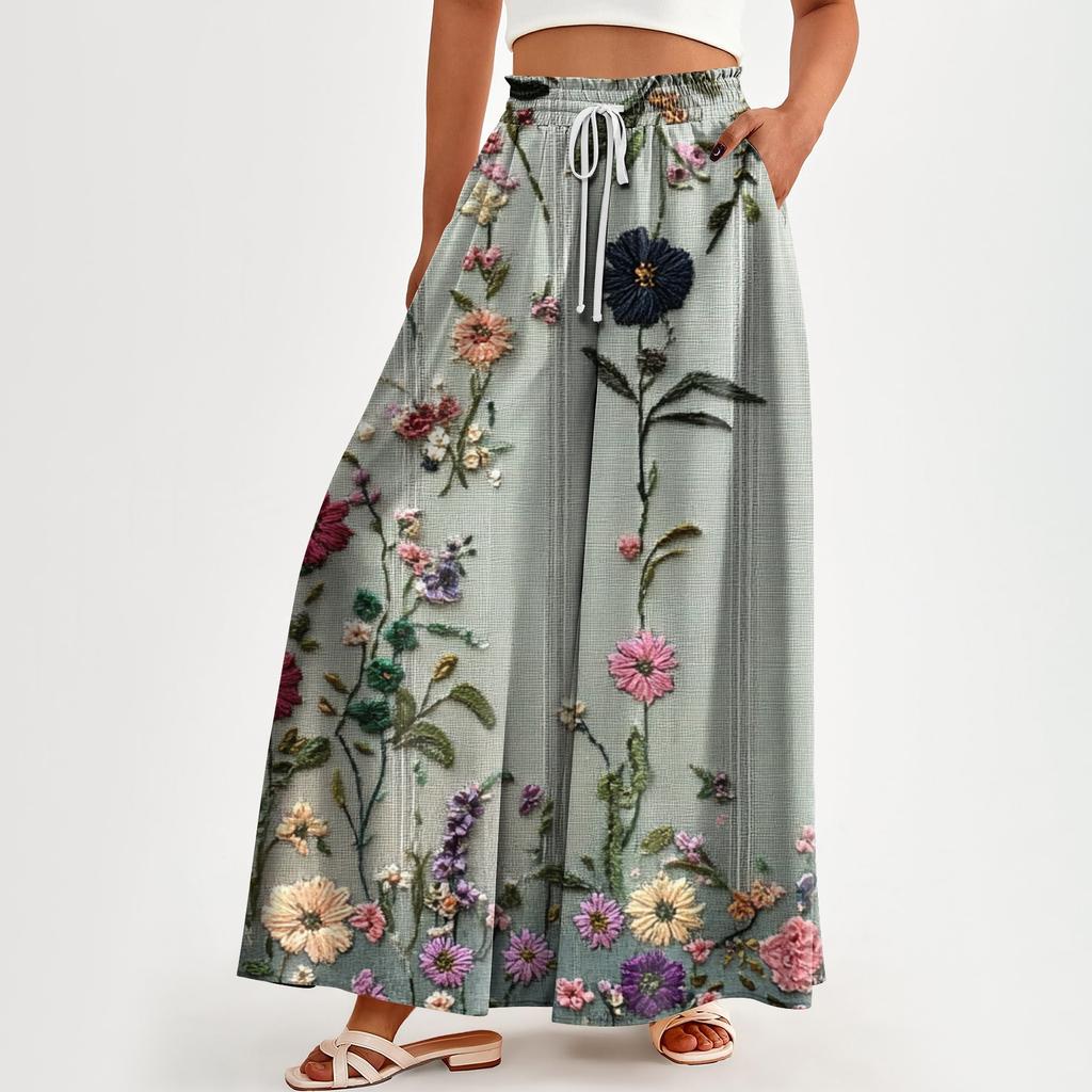 Женские брюки с высокой талией и карманами, повседневные брюки с цветочным принтом