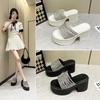European Station 2025 Summer New Product Slope Heel Thick Bottom Heightened Feminine Rhinestone Surface One-word Slippers Wear Cool Slippers