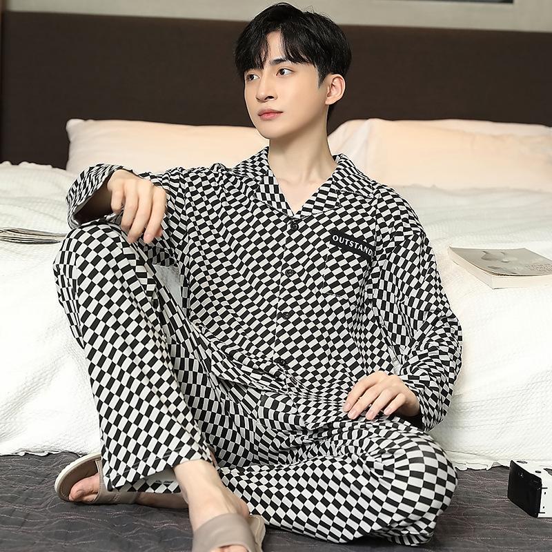 Хлопковая мужская пижама весна-осень с длинными рукавами ночная рубашка новый кардиган в клетку домашняя одежда для сна одежда для отдыха