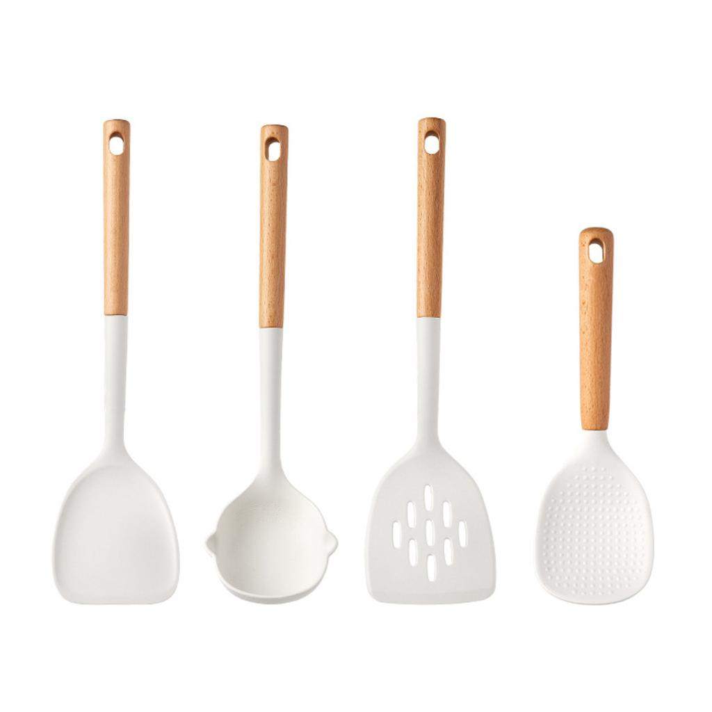 Food Grade Silicone Kitchen Utensils Set Beech Wood Handle Heat Resistant Non-Stick Cookware Spatula Spoon Whisk Tongs