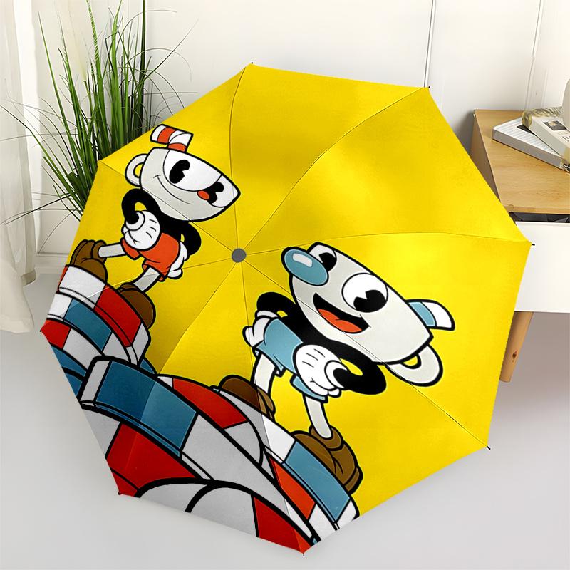 Cuphead & Mugman Automatic Folding Umbrella: Portable 3-Fold Design with 8-Bone Iron Frame - Perfect for Outdoor Use, Festive Gifts, and Dai