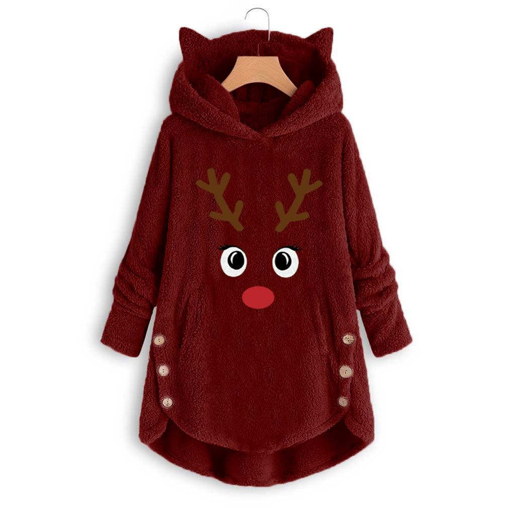 Fashion Winter Irregular Ladies Coat Christmas Embroidery Warm Button Top Plush Loose Cute Cat Ear Jacket Sweater