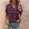 Retro Print Women's T Shirt Classic Floral Tees For Ladies Summer V-Neck Short Sleeve Tops Female Oversized Clothes Daily Blouse