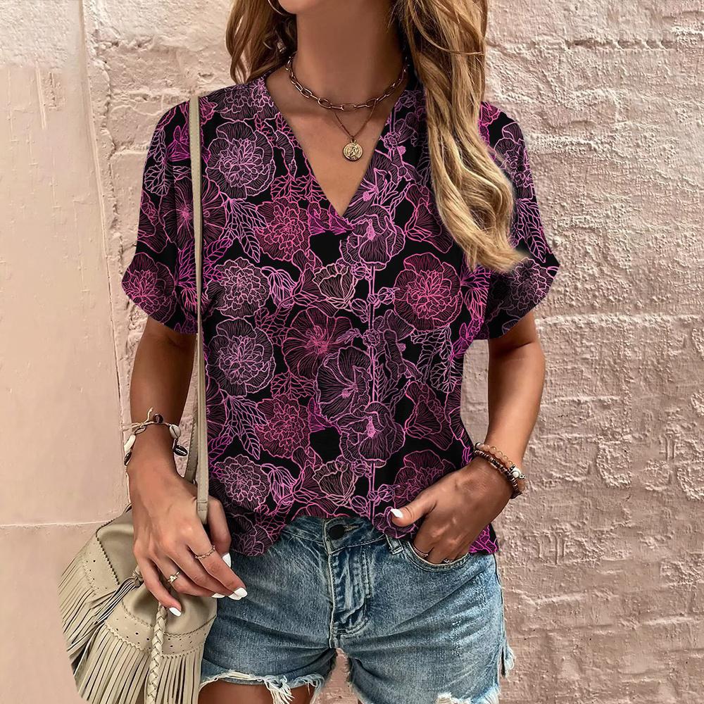 Retro Print Women's T Shirt Classic Floral Tees For Ladies Summer V-Neck Short Sleeve Tops Female Oversized Clothes Daily Blouse