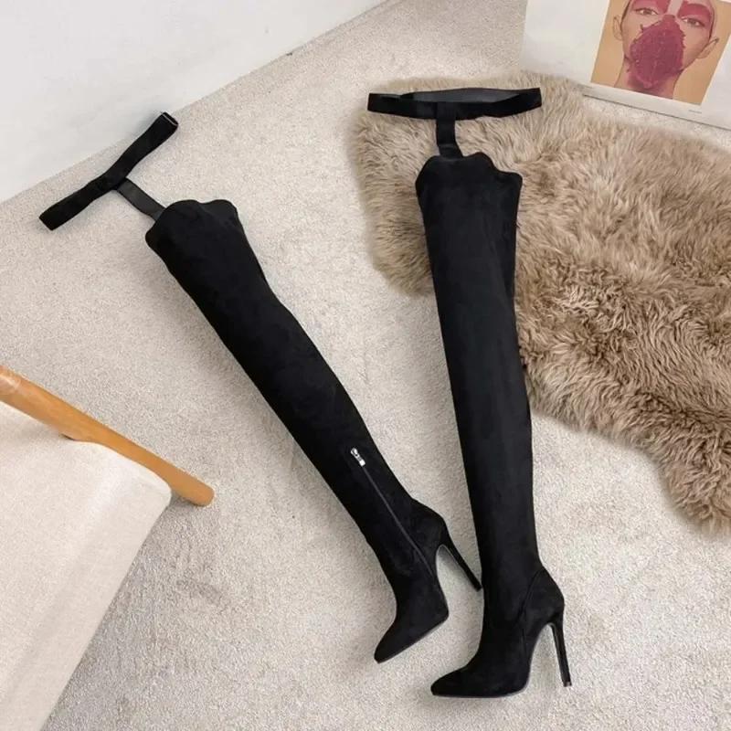 Sexy/Club Long Thigh High Women Boots Genuine Leather Pointed Buckle Belt Thin High Heel Over-the-knee Jumpsuit Boot Shoe