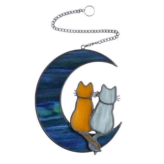 Cat On Moon Hanging Ornament Stained Glass Window Hanging Suncatcher Acrylic Panel Wall Art Memorial Gift for Women Wife Mom Cat Lovers