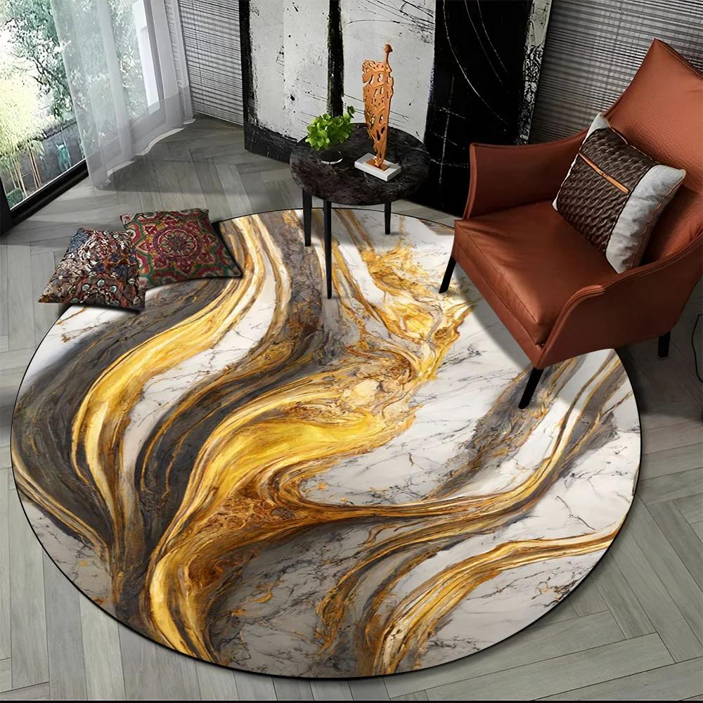 3D Luxurious Colour Marble Blue Green Gold Round Carpet Rug for Living Room Bedroom Child Chair Decor,Pet Area Rug Non-slip Mat