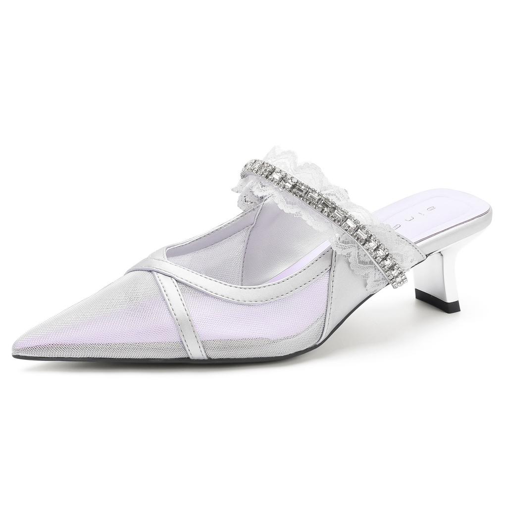 59015 High Heels Women's Thick Heel Summer 2025 New Bag Head Mesh Cool Slippers Pointed Rhinestone Single Shoes